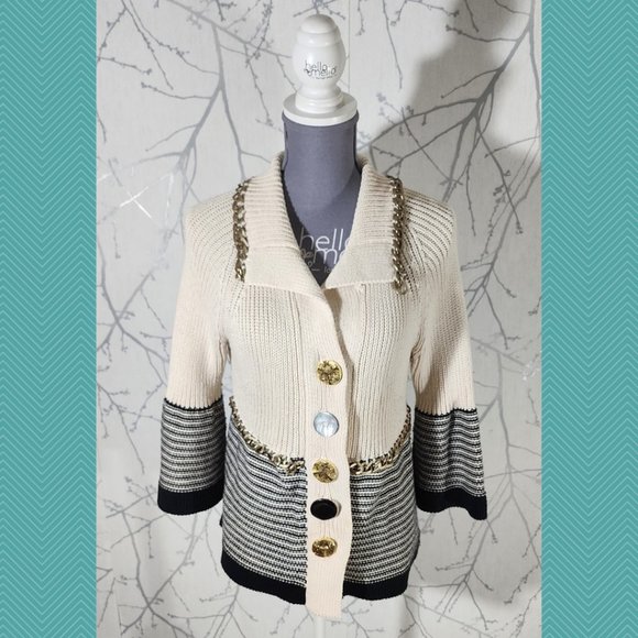 Pure Handknit Chunky Knit Button Front Cardigan w/ Chainlink Detail - Picture 1 of 5